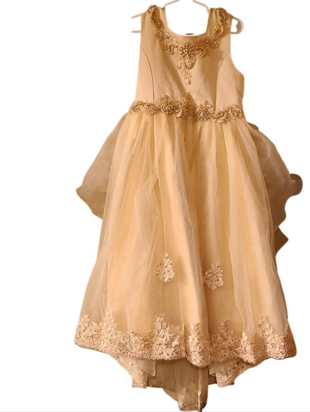 Champagne Tulle & Lace Girls Formal High-Low Dress - Size 140 (Fits 9-10Y)